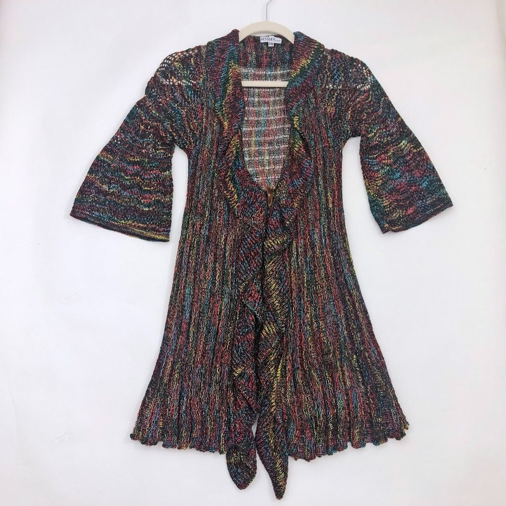 Kessley Womens Sweater Cardigan S/M Multicolor Knit Ruffles Bell Sleeve Vintage
